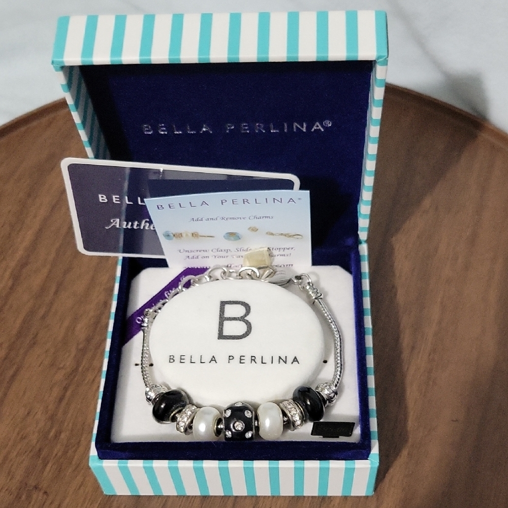 Bella Perlina Black White Silver Rhinestone Beaded Bracelet NWT